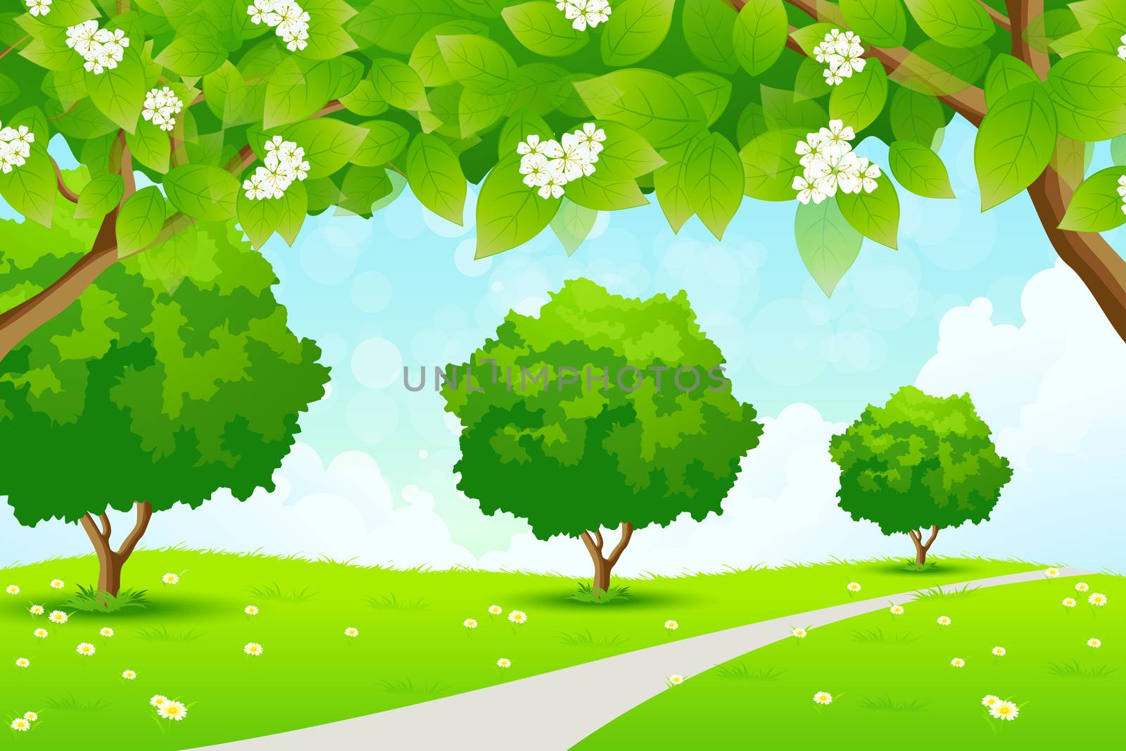 Green Landscape with  Flowers Trees and Clouds