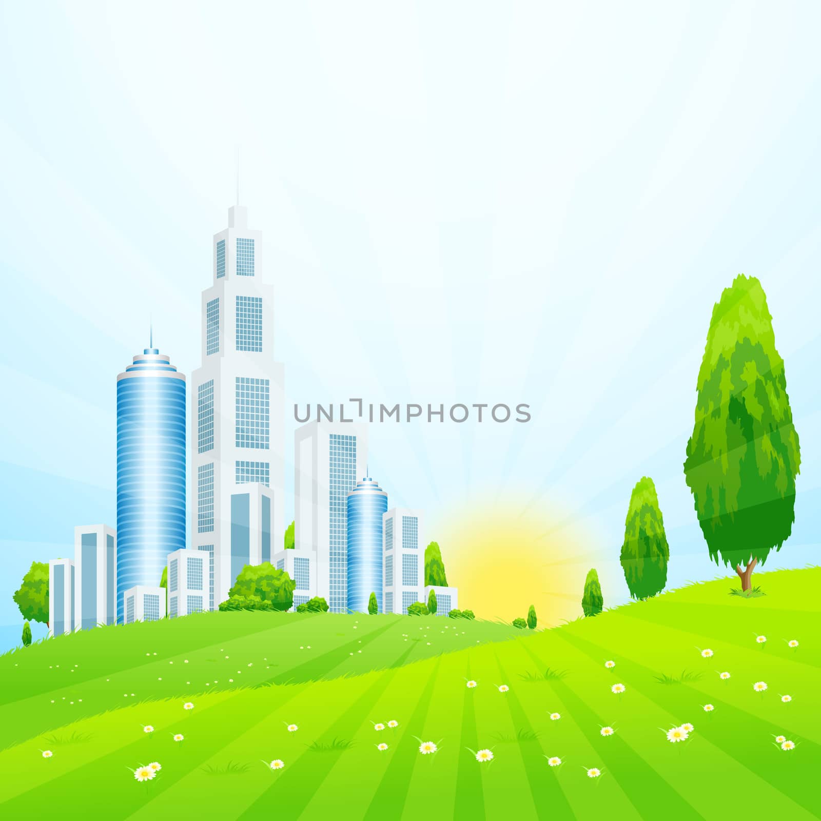 Green landscape with Trees, City and Clouds