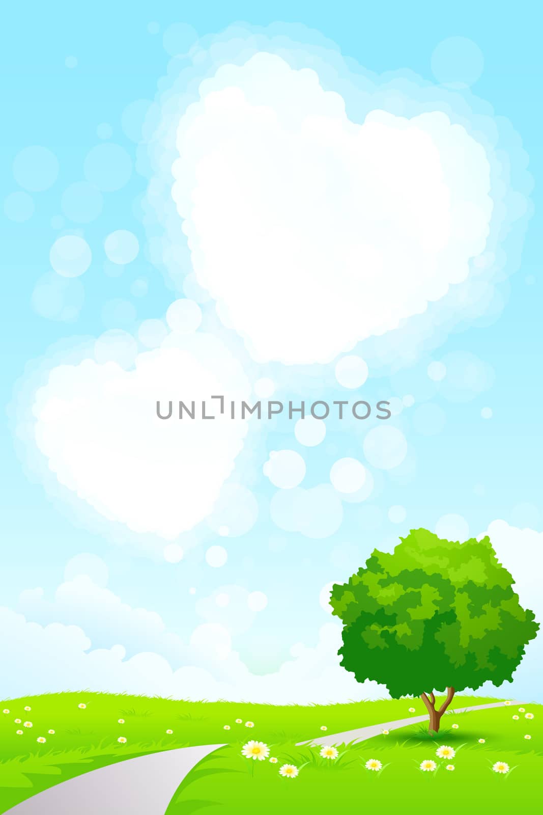 Green Landscape with  Tree, Grass, Road and Heart Shape Clouds