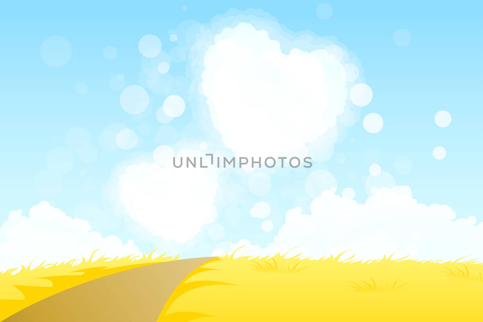 Yellow Landscape with  Road and Heart Shape Clouds