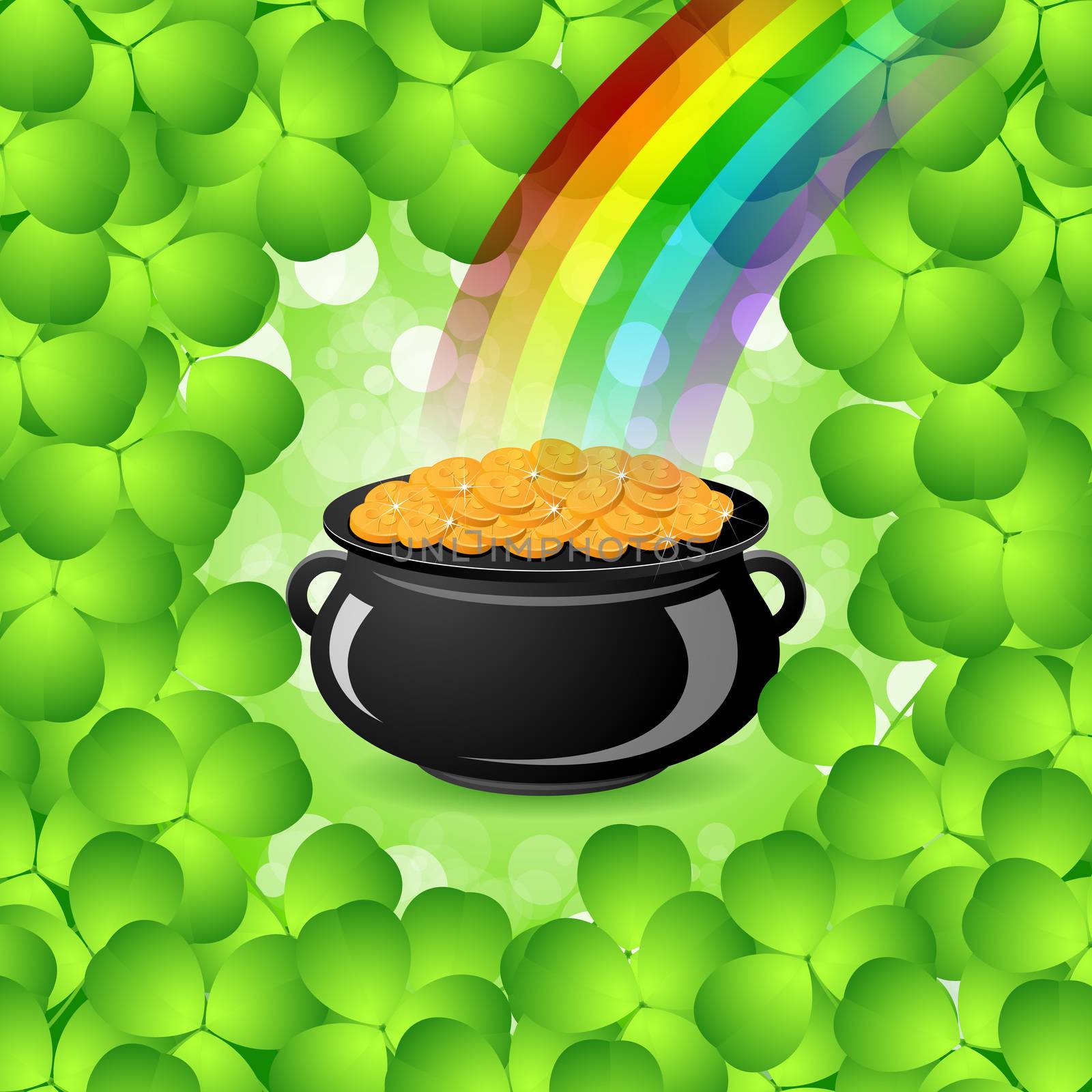 St. Patricks Day Cauldron with Gold Coins, Rainbow and Shamrock