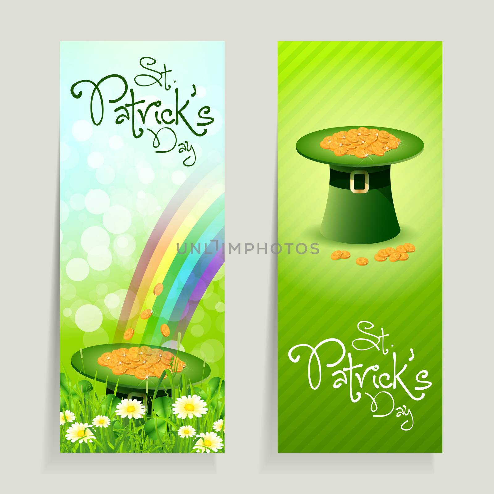 Set of St. Patrick's Day Cards with Leprechaun Hat of Gold Coins, Rainbow, Grass and Shamrock