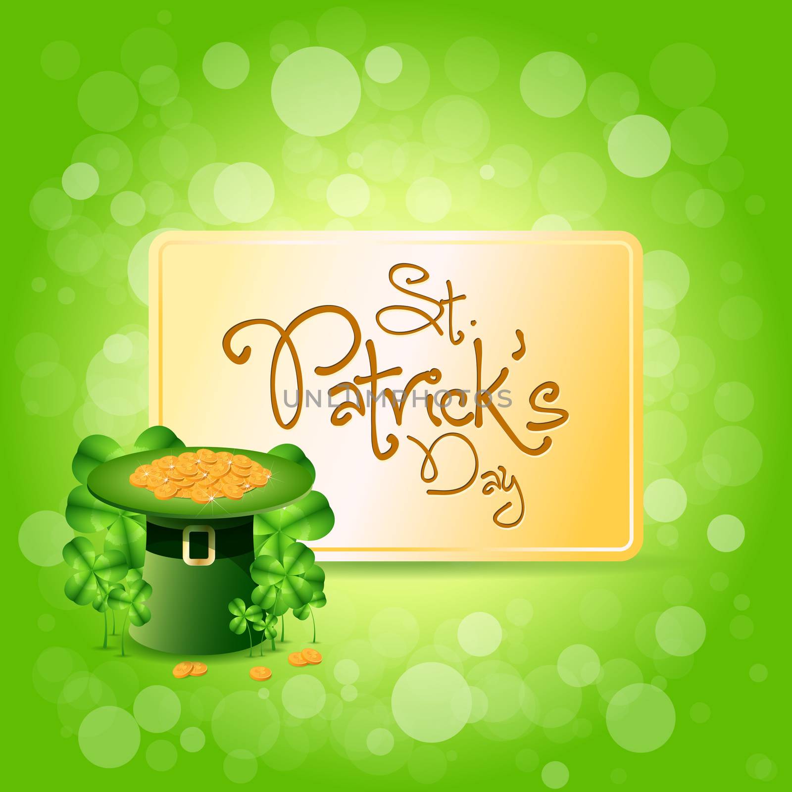 St. Patricks Day Card with  Leprechaun Hat, Gold Coins and Shamrock