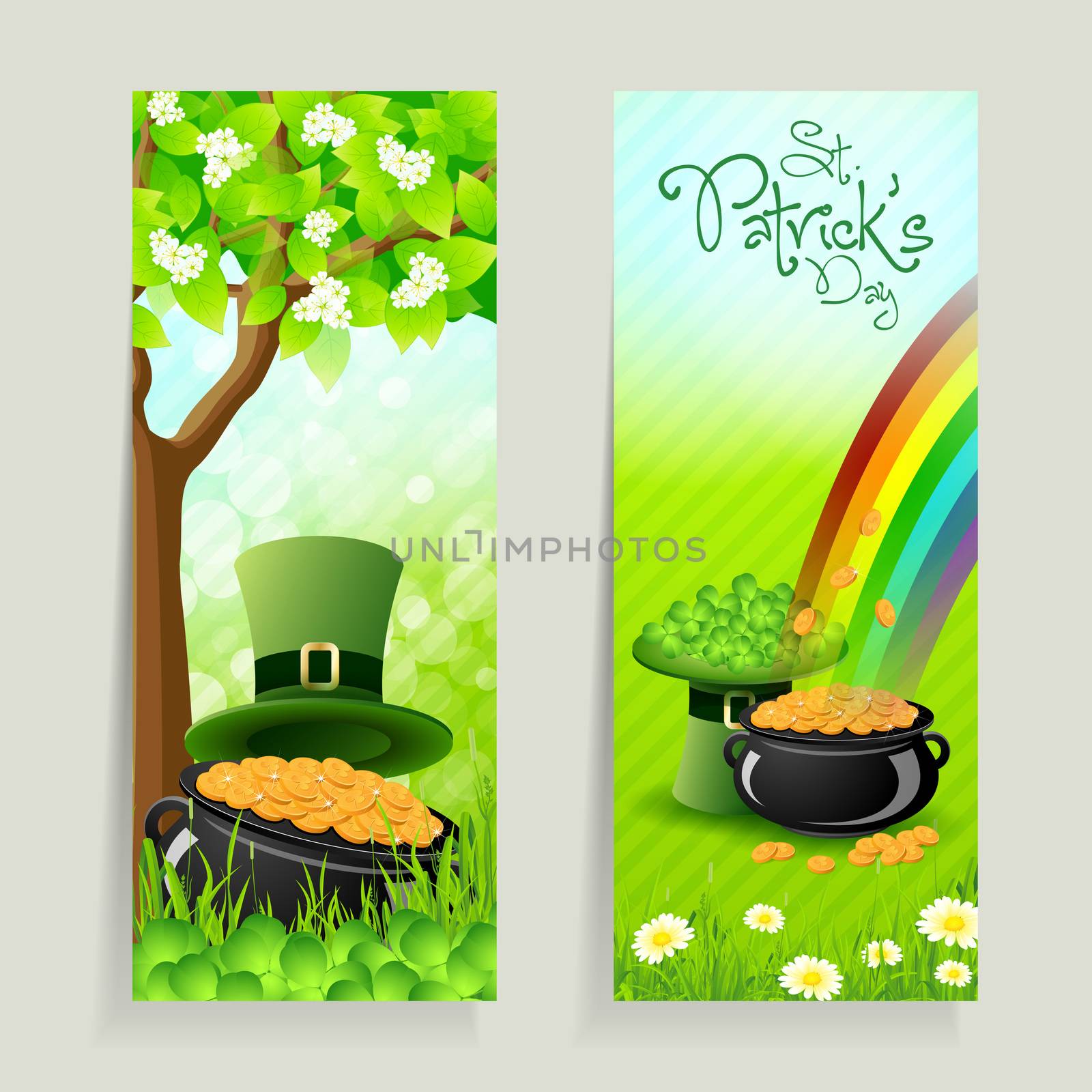 Set of St. Patrick's Day Cards with Cauldron,  Leprechaun Hat, Gold Coins, Rainbow, Grass and Shamrock