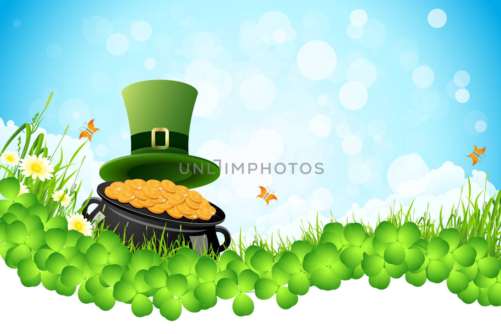 Saint Patrick's Day Background with Flowers, Leprechaun Hat and Cauldron with Gold Coins