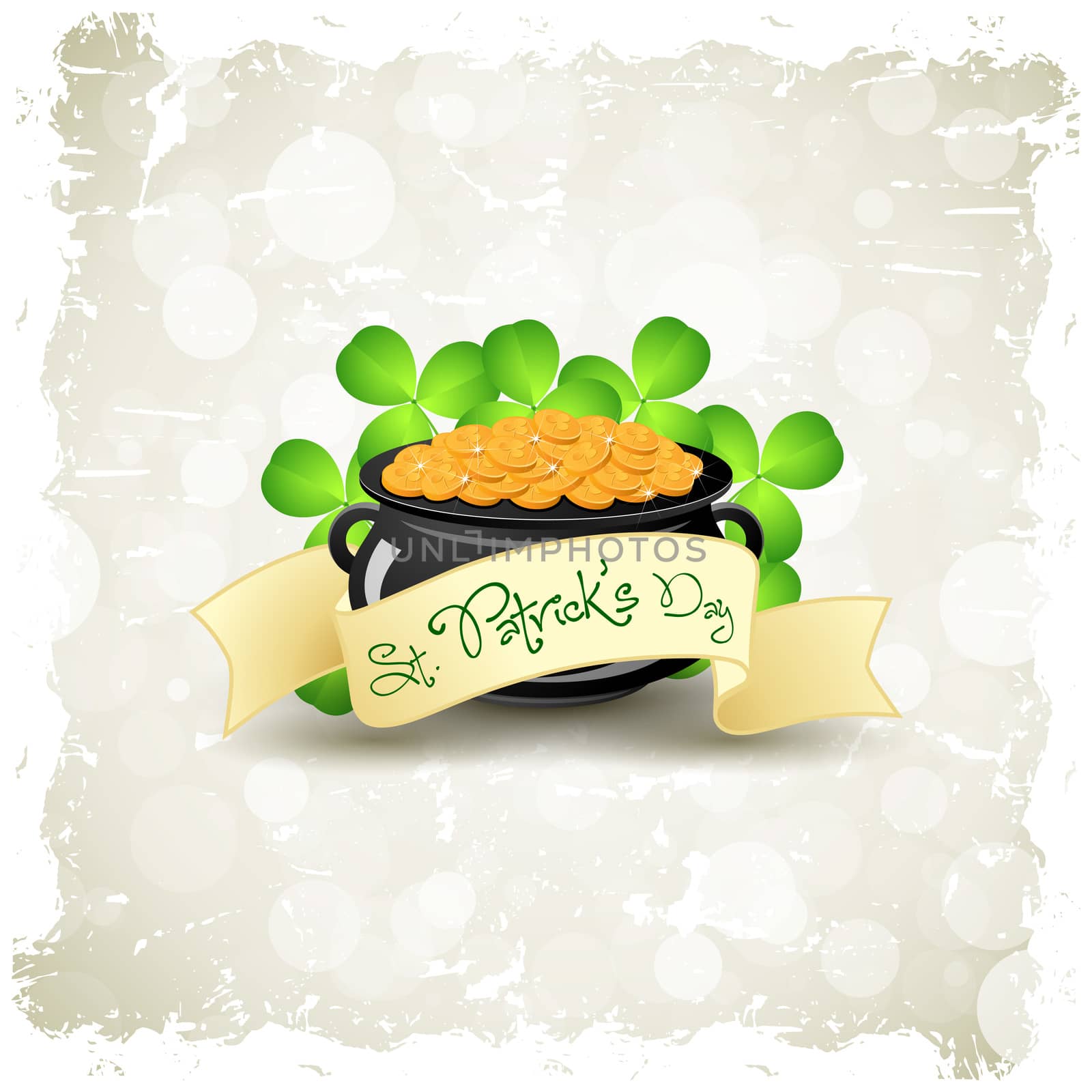 Grungy Patricks Day Card. Cauldron with Gold Coins and Shamrock