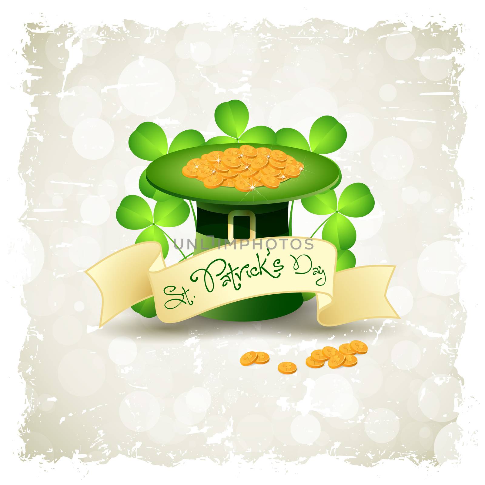 Grungy Patrick's Day Card with  Leprechaun Hat, Gold Coins and Shamrock