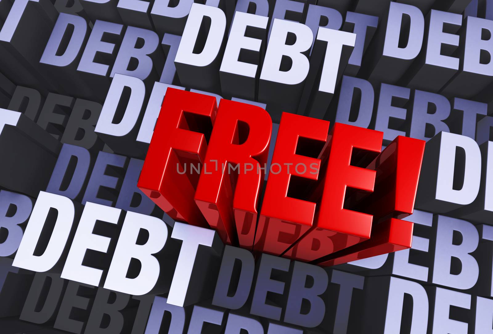 A triumphant, red "FREE!" emerges from a blue gray background filled with the word "DEBT" repeated many times a different depths.  