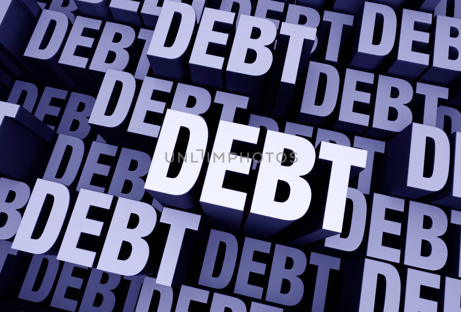 A 3D blue gray background filled with the word "DEBT" repeated many times a different depths.