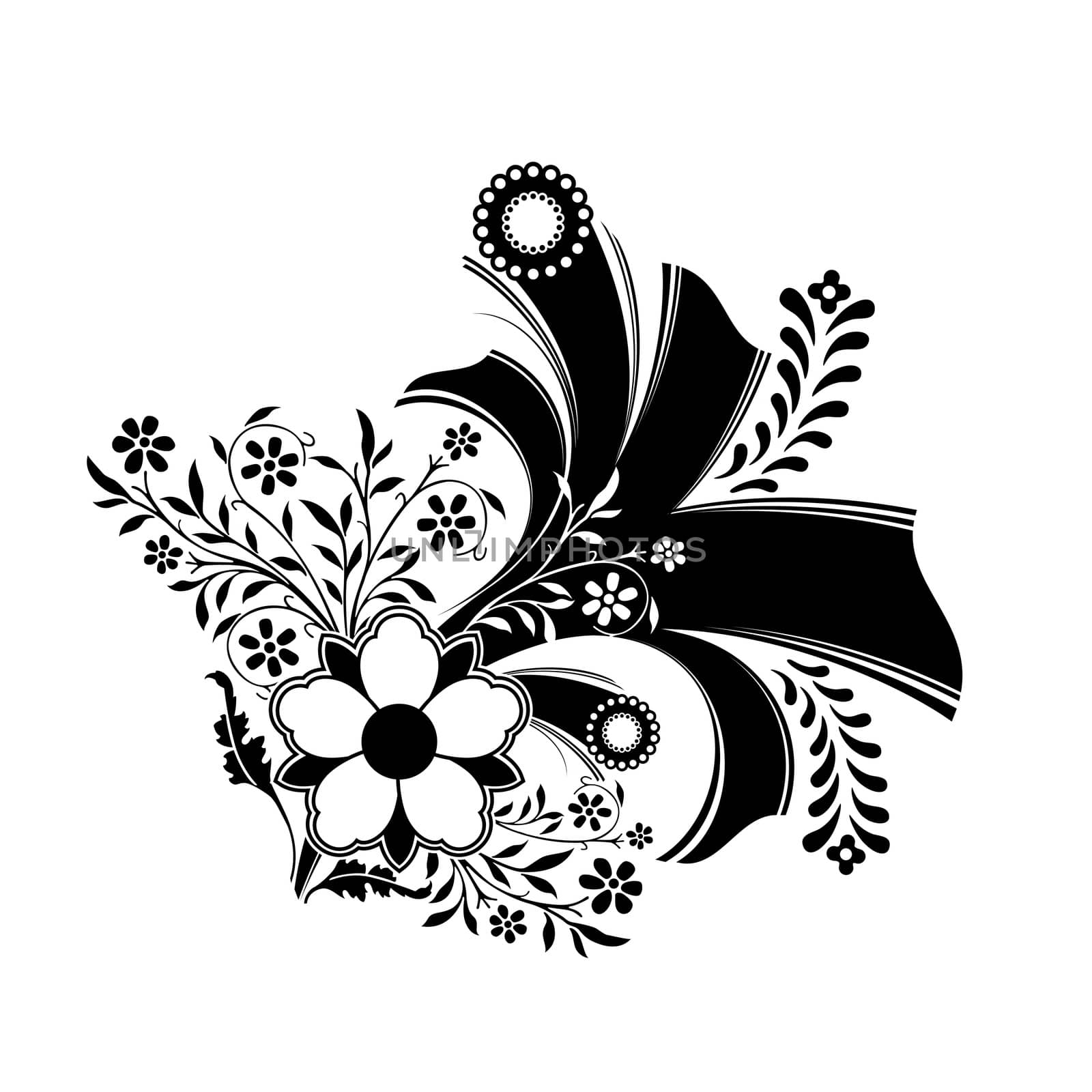 abstract floral decoration artwork in black color, vector illust by WaD