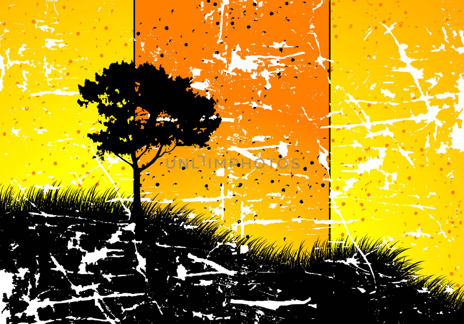 amazing grunge natural sunset landscape with tree silhouette vector illustration