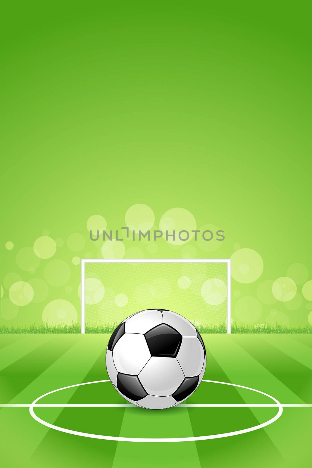 Soccer Ball on Green Background with Grass and Gridiron