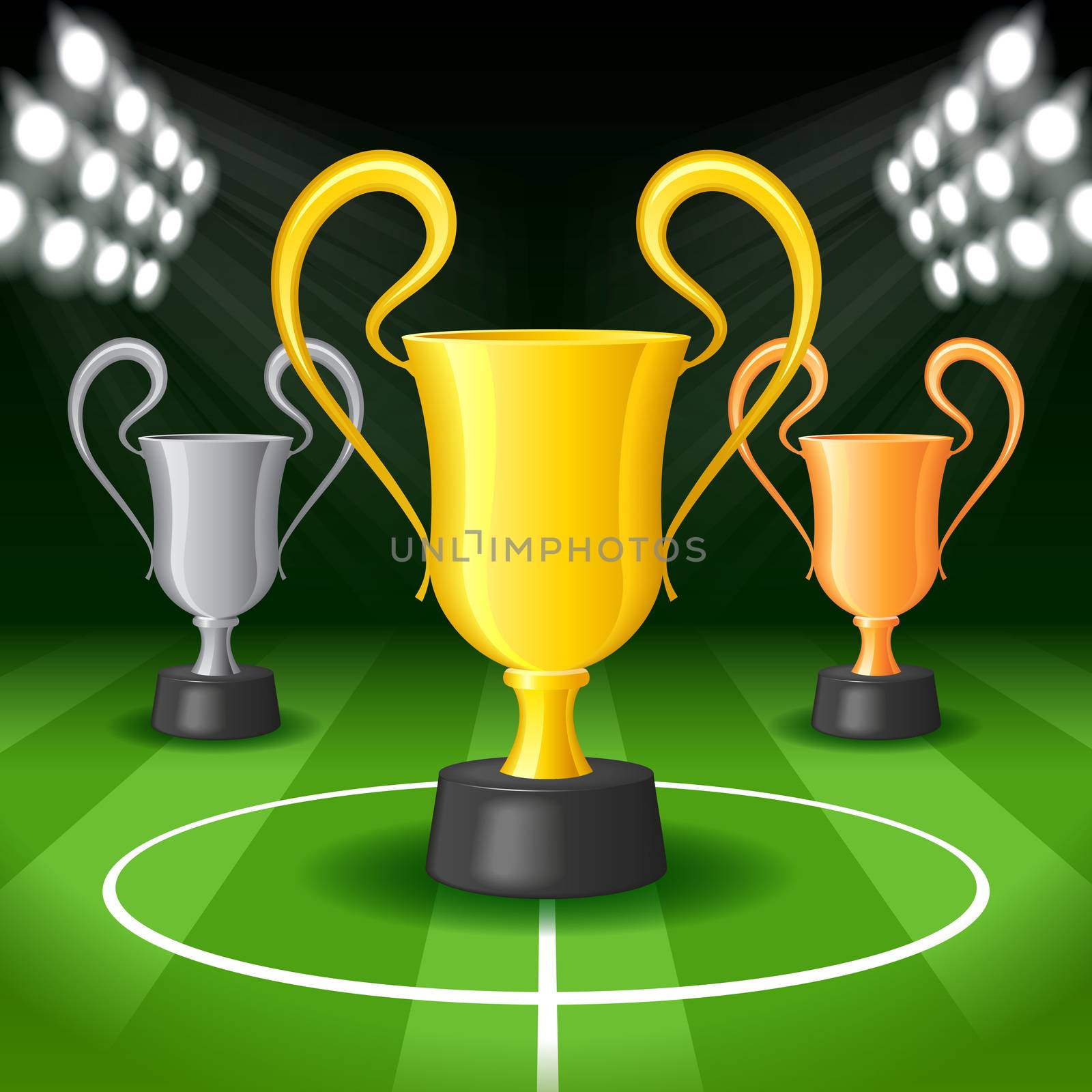 Soccer Background with Bright Spot Lights and Three Award Trophy on Gridiron