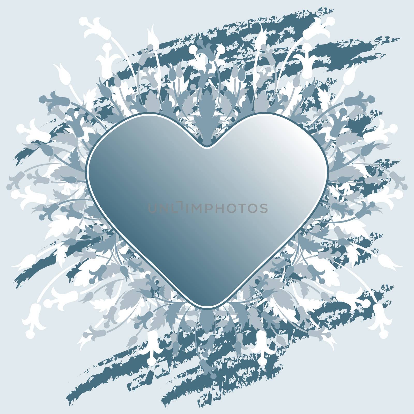 Valentine's Day greeting card with flowers heart on blue grunge background