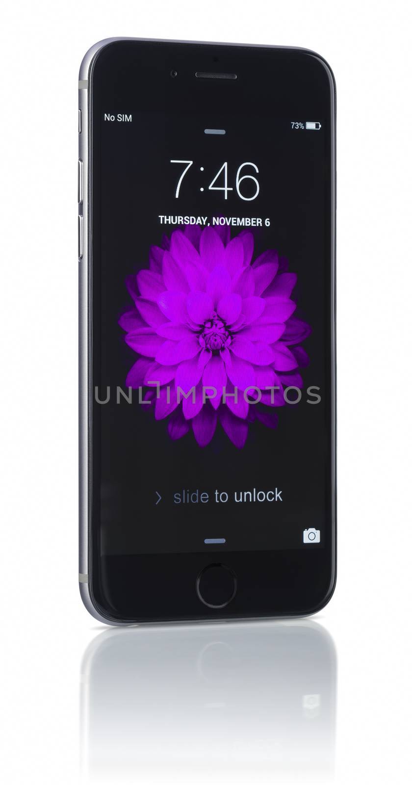 Galati, Romania - November 6, 2014: Apple Space Gray iPhone 6 showing the home screen with iOS 8.The new iPhone with higher-resolution 4.7 screens, improved cameras, new sensors, a dedicated NFC chip for mobile payments. Apple released the iPhone 6 and iPhone 6 Plus on September 9, 2014.