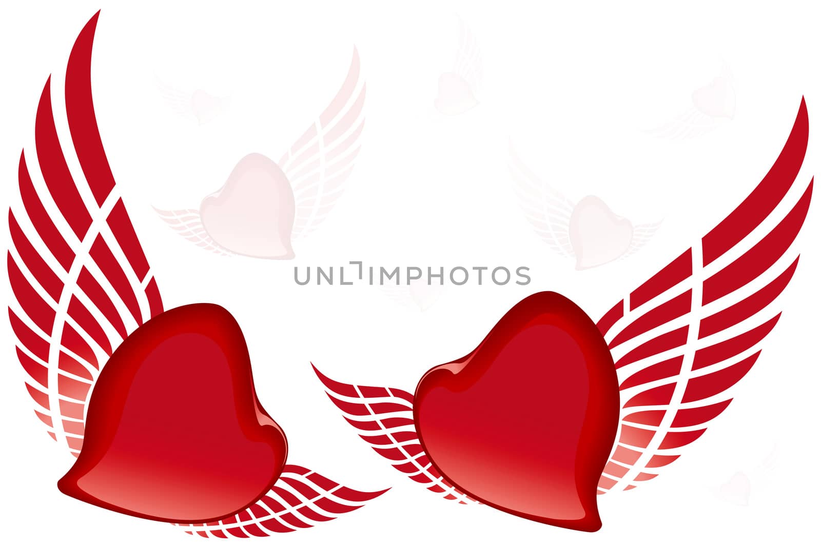 Abstract flying hearts isolated on white background