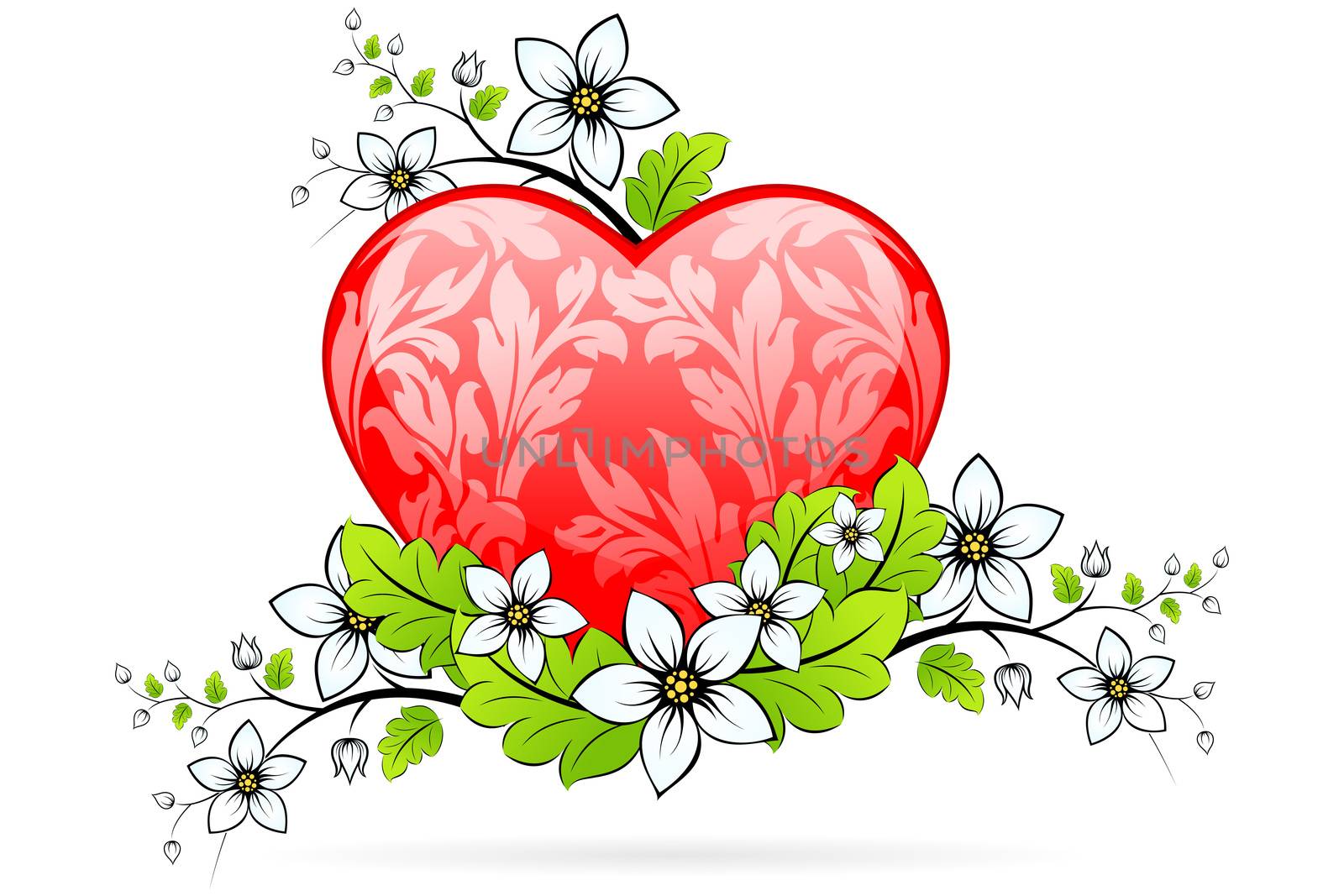 Valentine's heart with florals isolated on white background