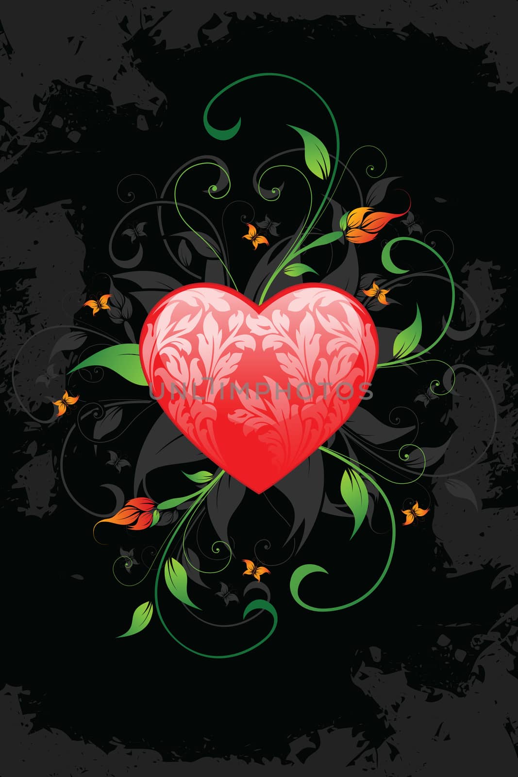 Valentine's Day heart with florals on grunge background