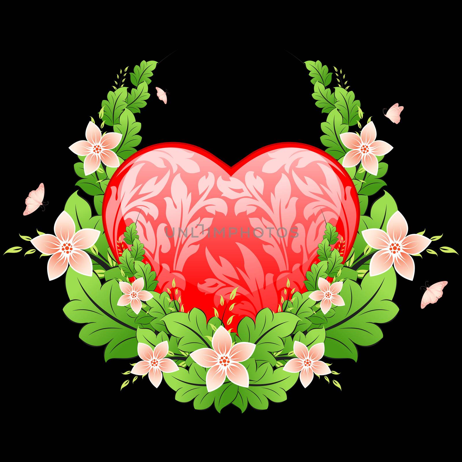 Valentine's Day heart with florals on black background