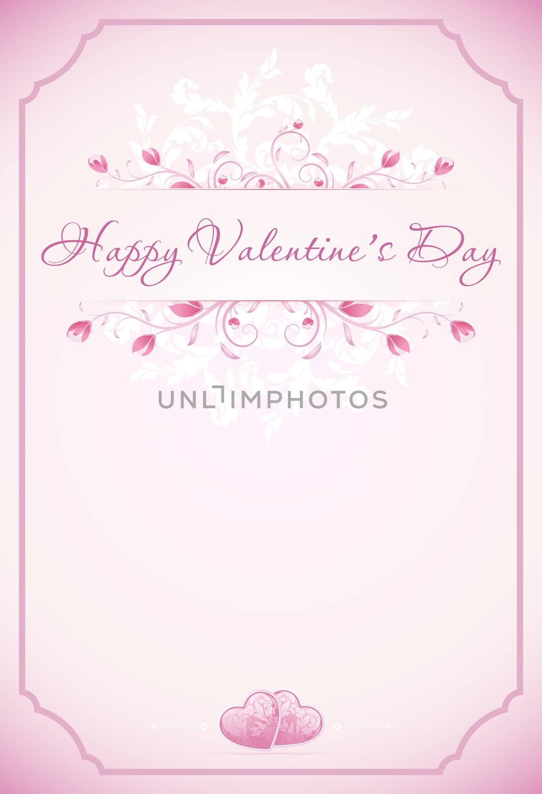 Happy Valentines Day Card with ornament, hearts, flowers, frame and arrow in pink color