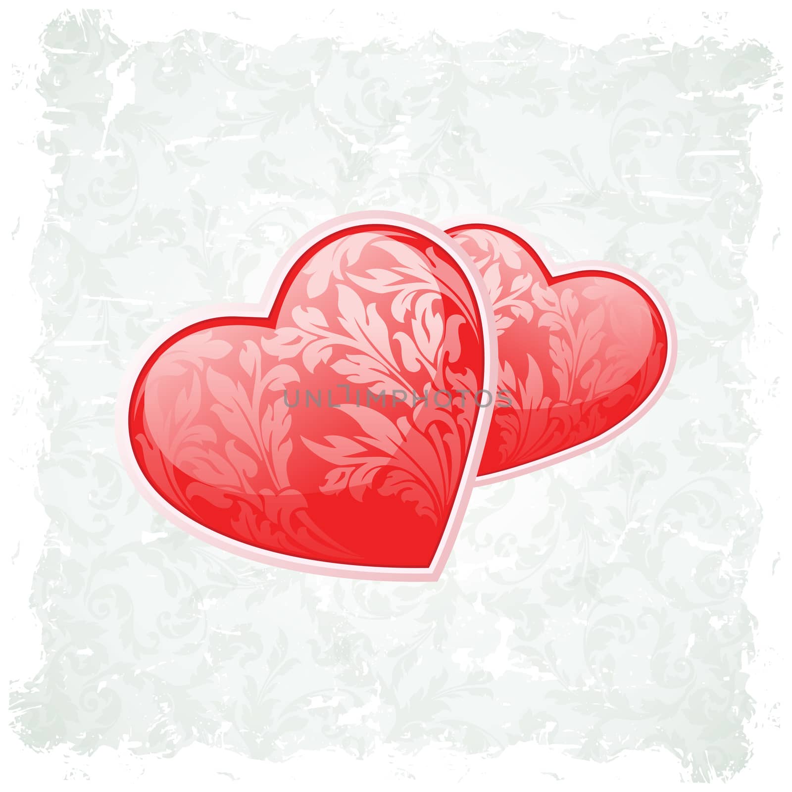 Grungy Valentine's Day Background with Two Floral Hearts