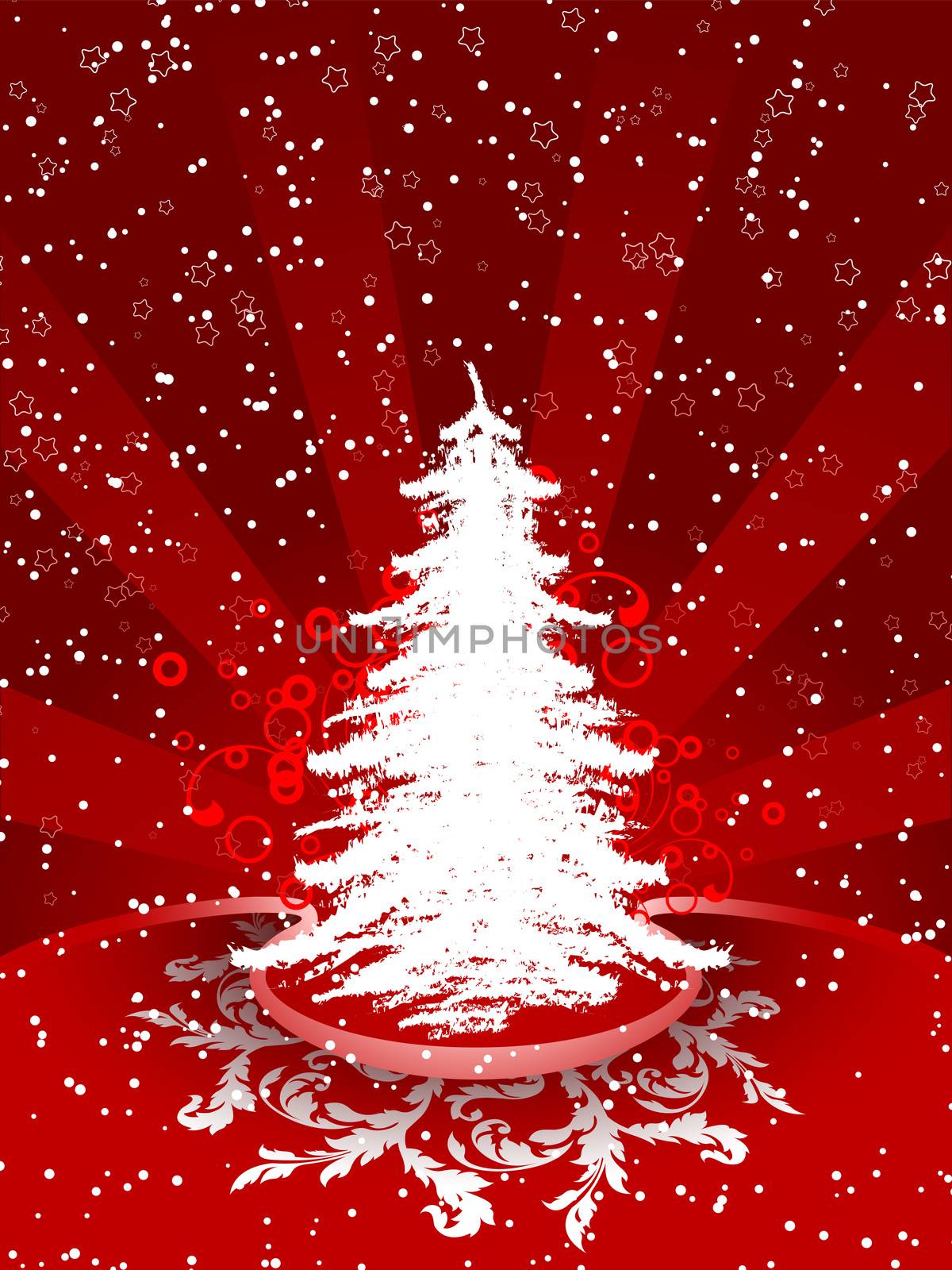 Abstract winter background with christmas tree and rays