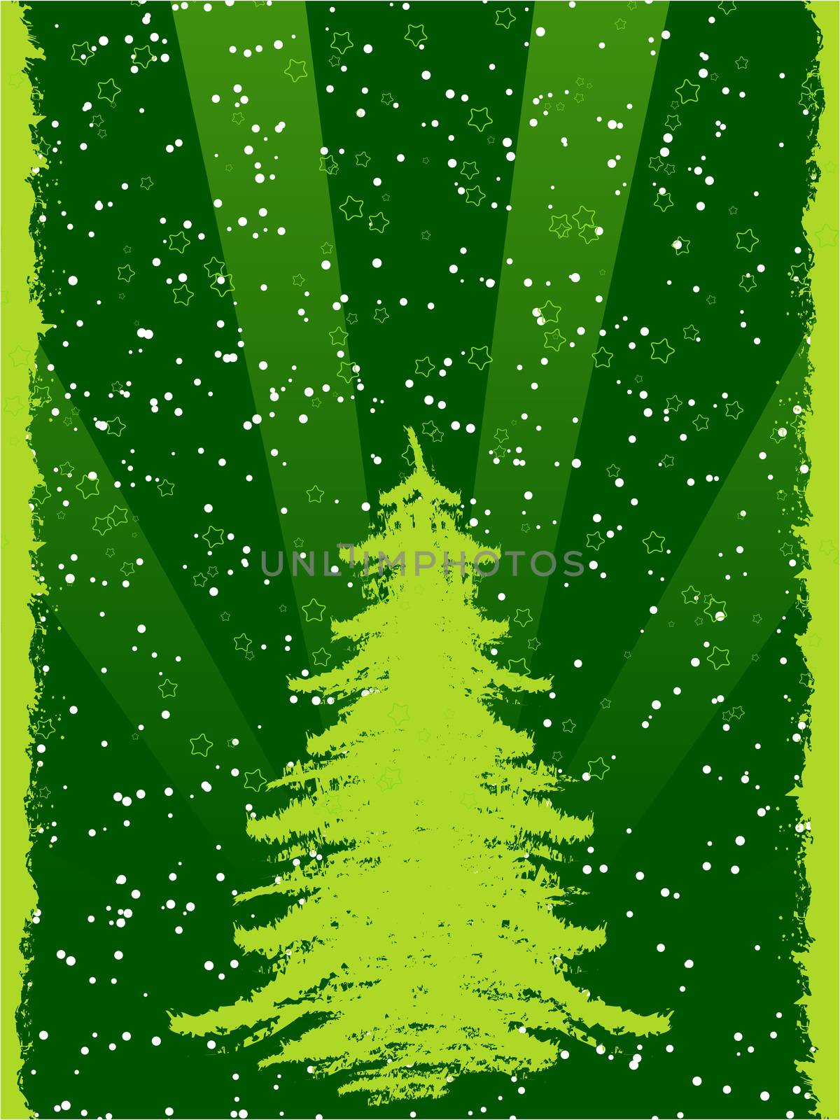 Abstract winter background with christmas tree and rays