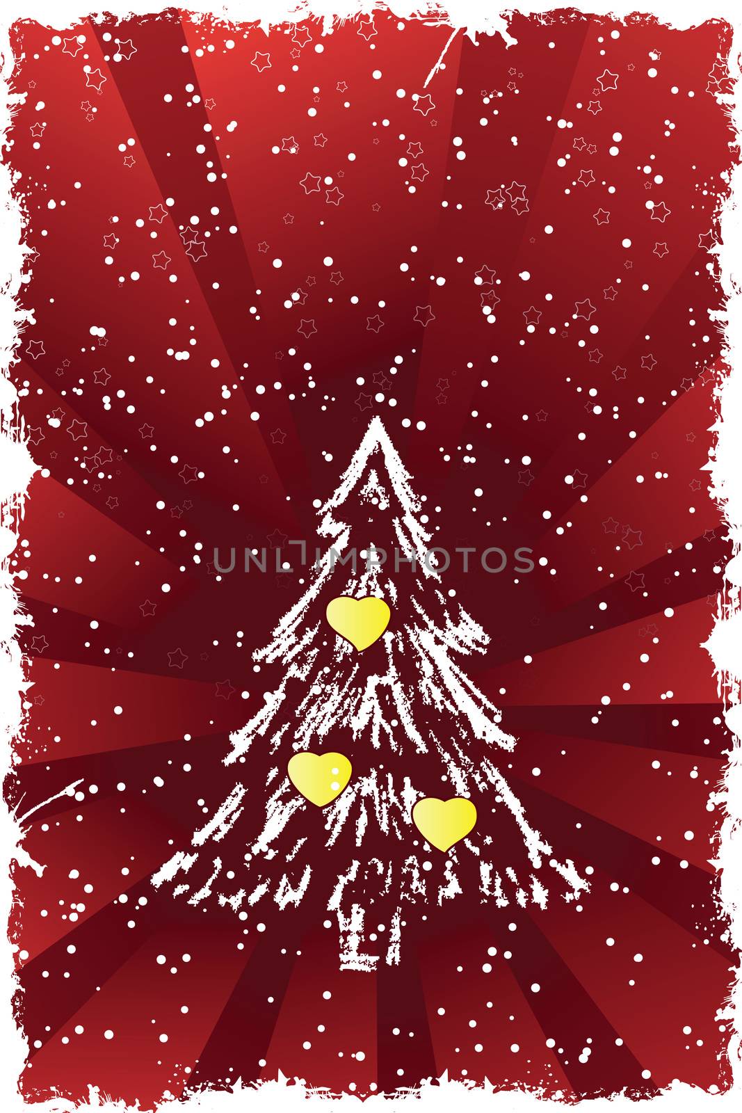 Abstract grunge background with Christmas tree and hearts