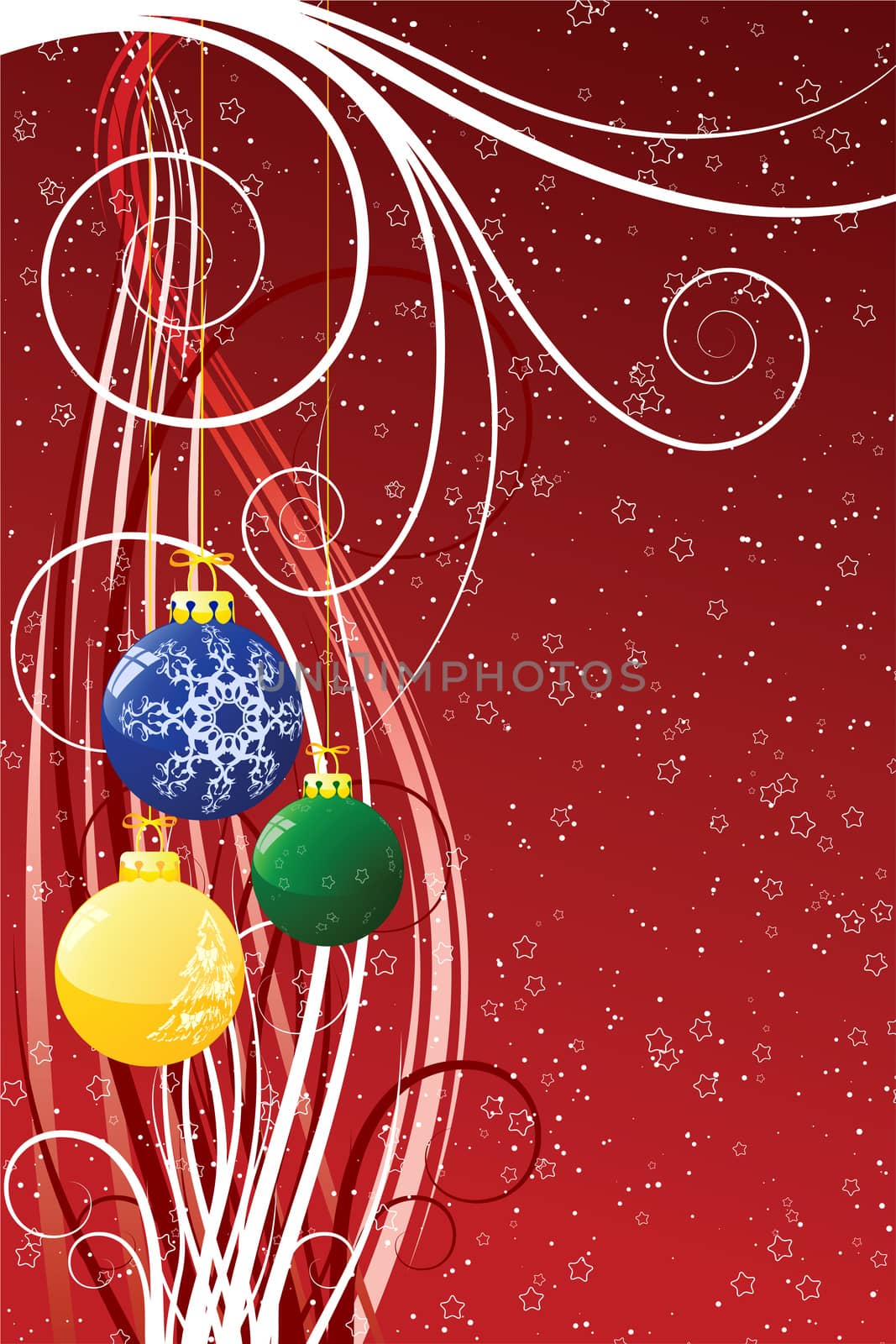 Abstract Christmas background with toys scrolls stars and snow