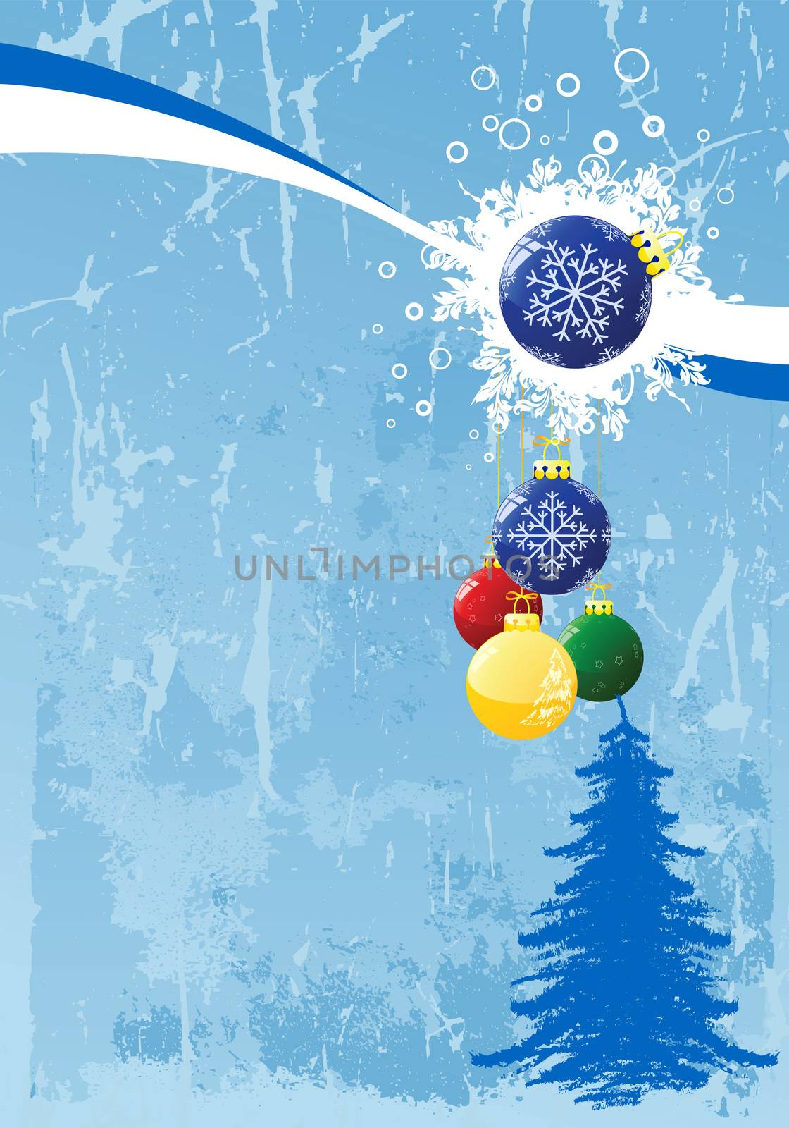 Abstract Christmas background with toys scrolls and tree