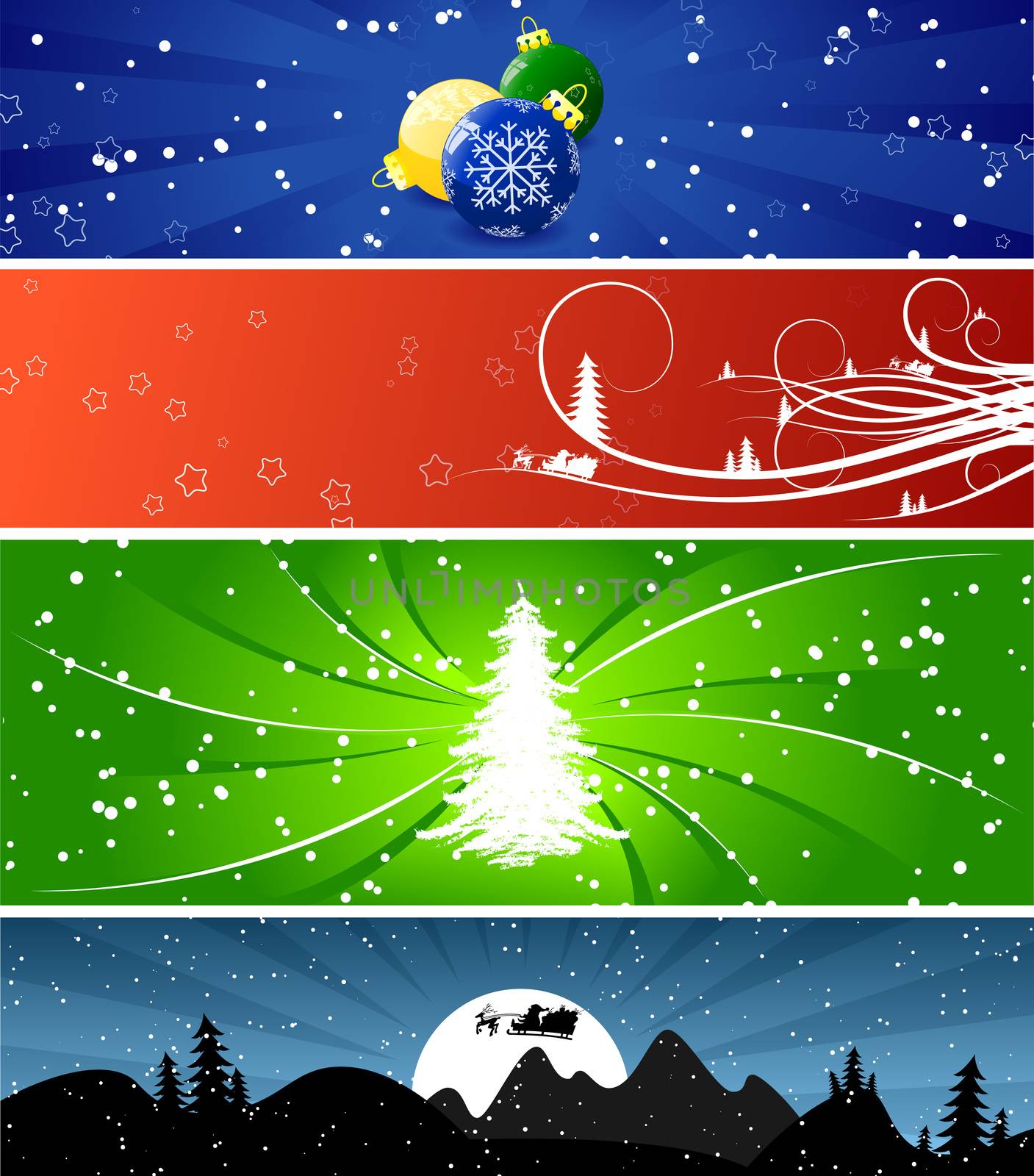 Four color Winter Christmsa banners with trees, snow and flakes