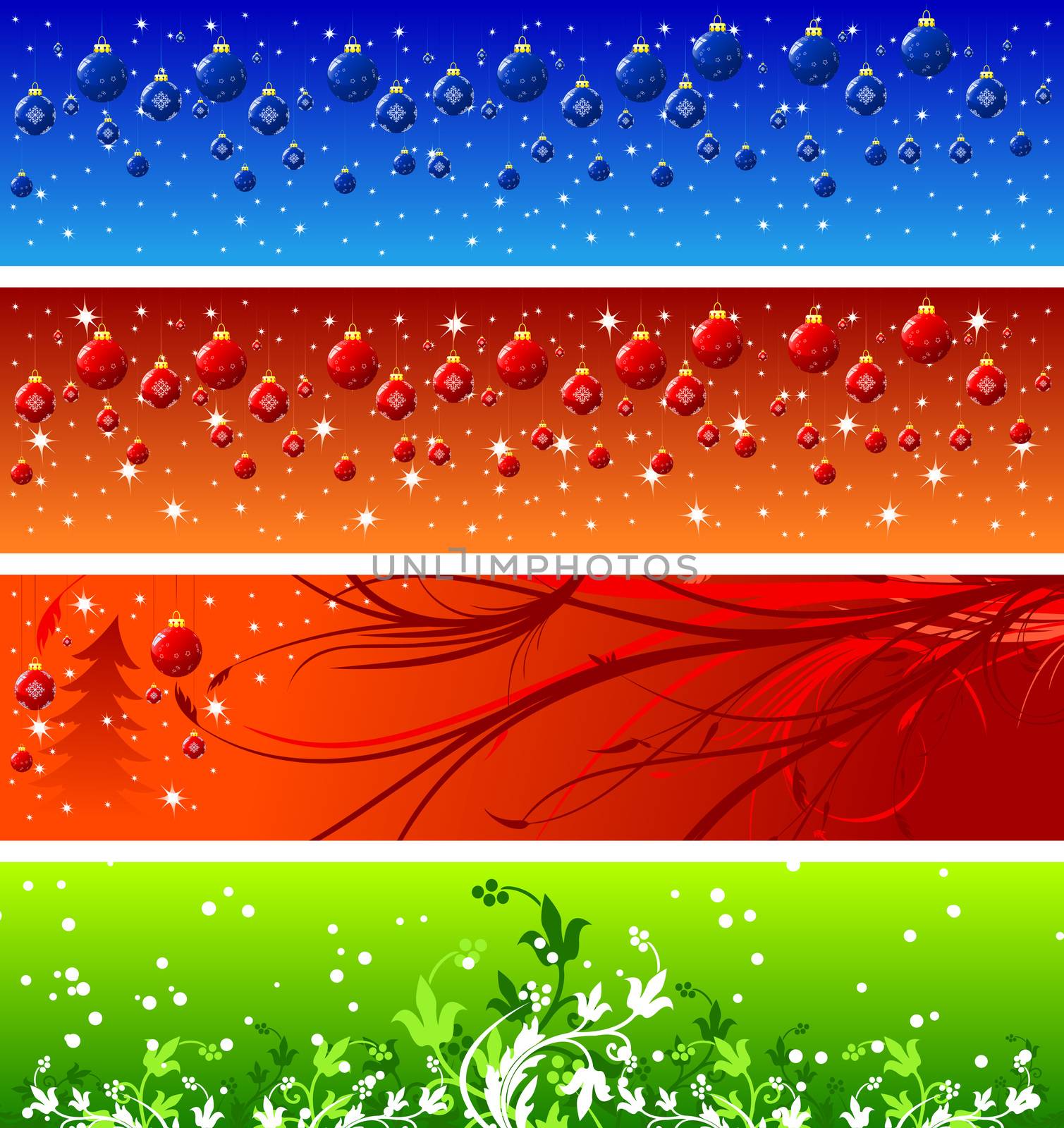 Four color Winter Christmsa banners with trees, snow and flakes