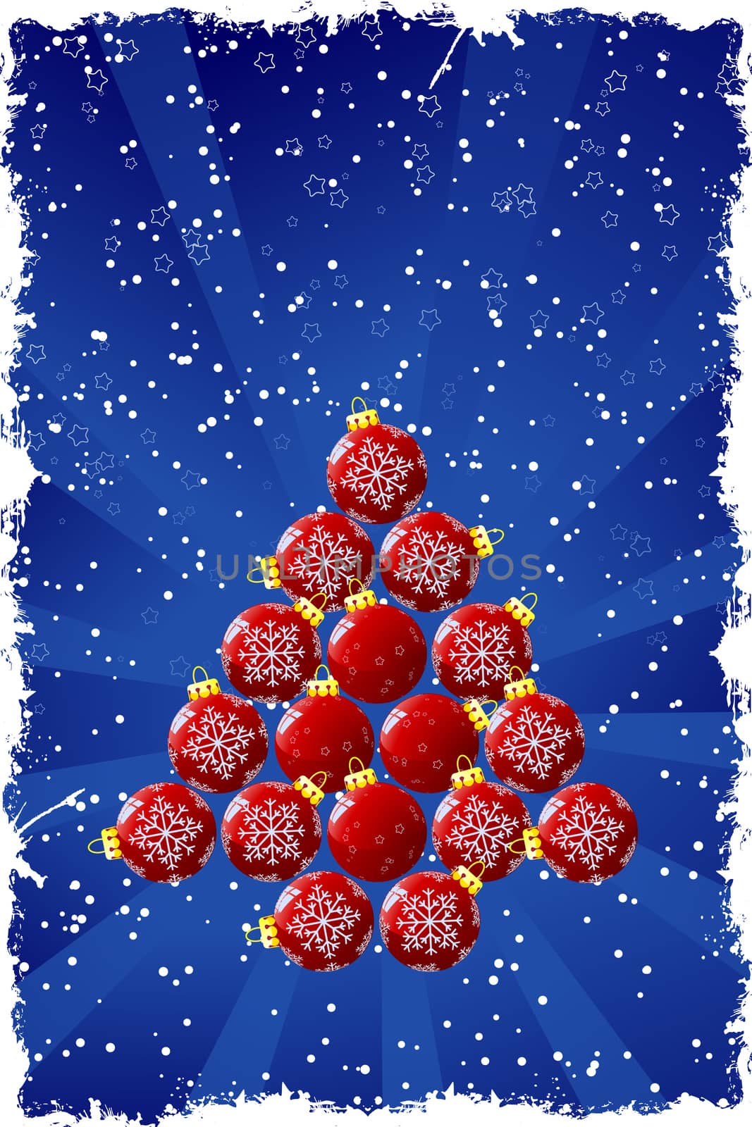 Christmas background with baubles stars and snow