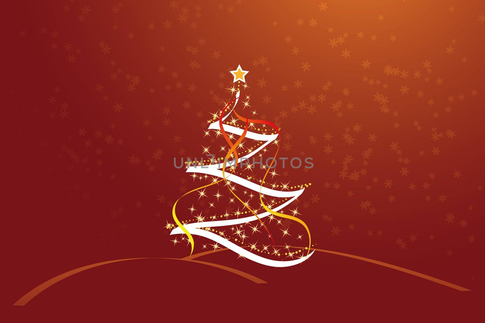 Christmas trees made out of stars dots and ribbons against a dark red background