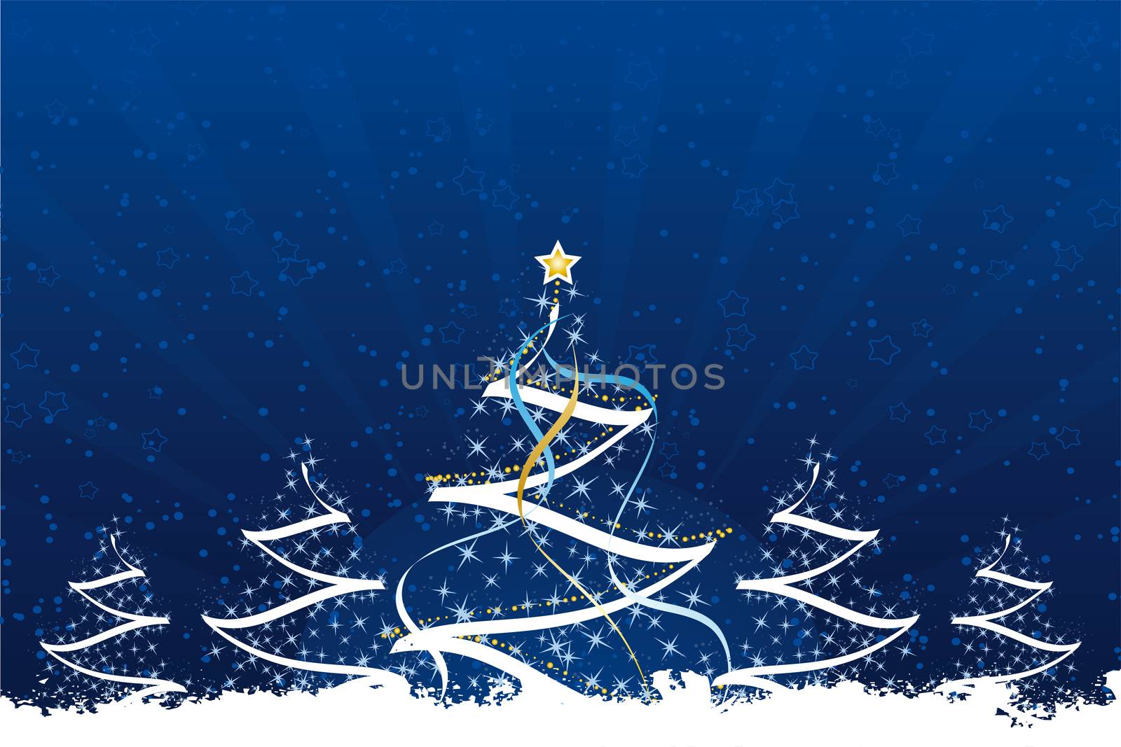 Grunge Christmas trees with stars and decoration in dark blue