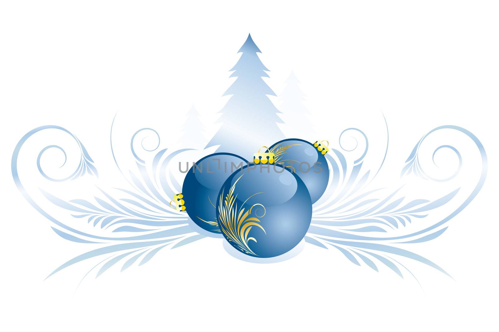 Vector decoratin with Christmas balls trees and floral scrolls