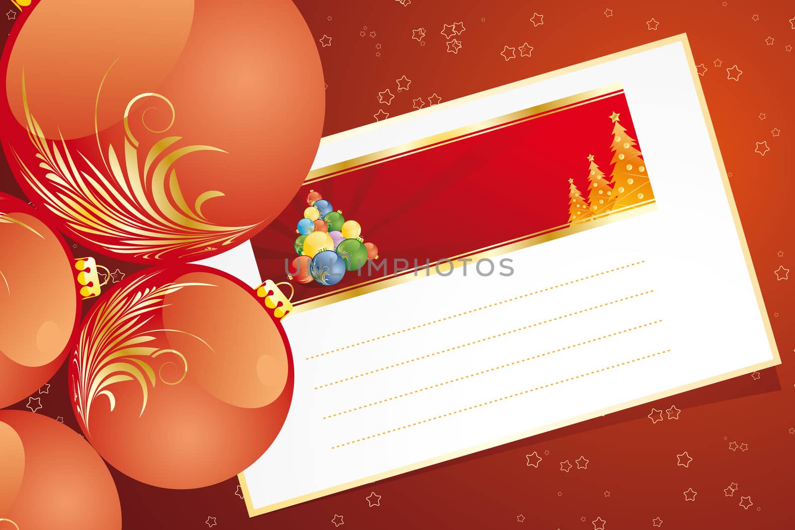 Christmas greetings with balls and letter in red color