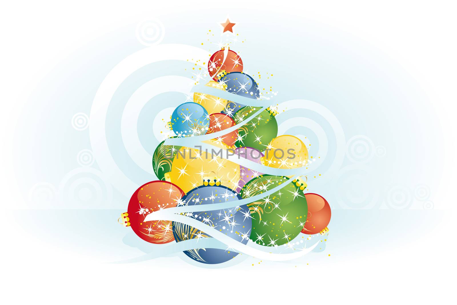 Abstract Christmas tree with balls ribbons and stars