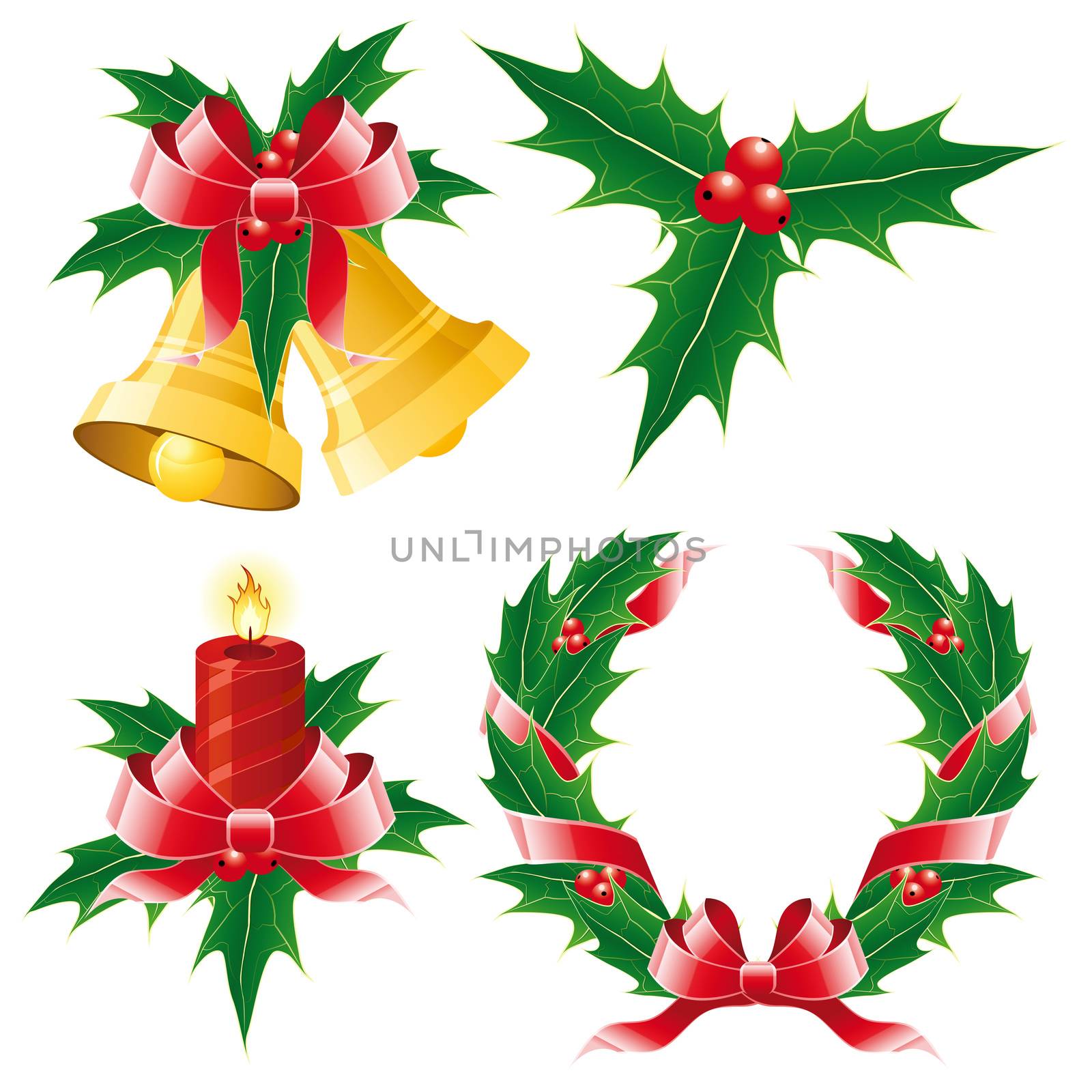 Christmas icon set of four element - bell candle mistletoe wreath