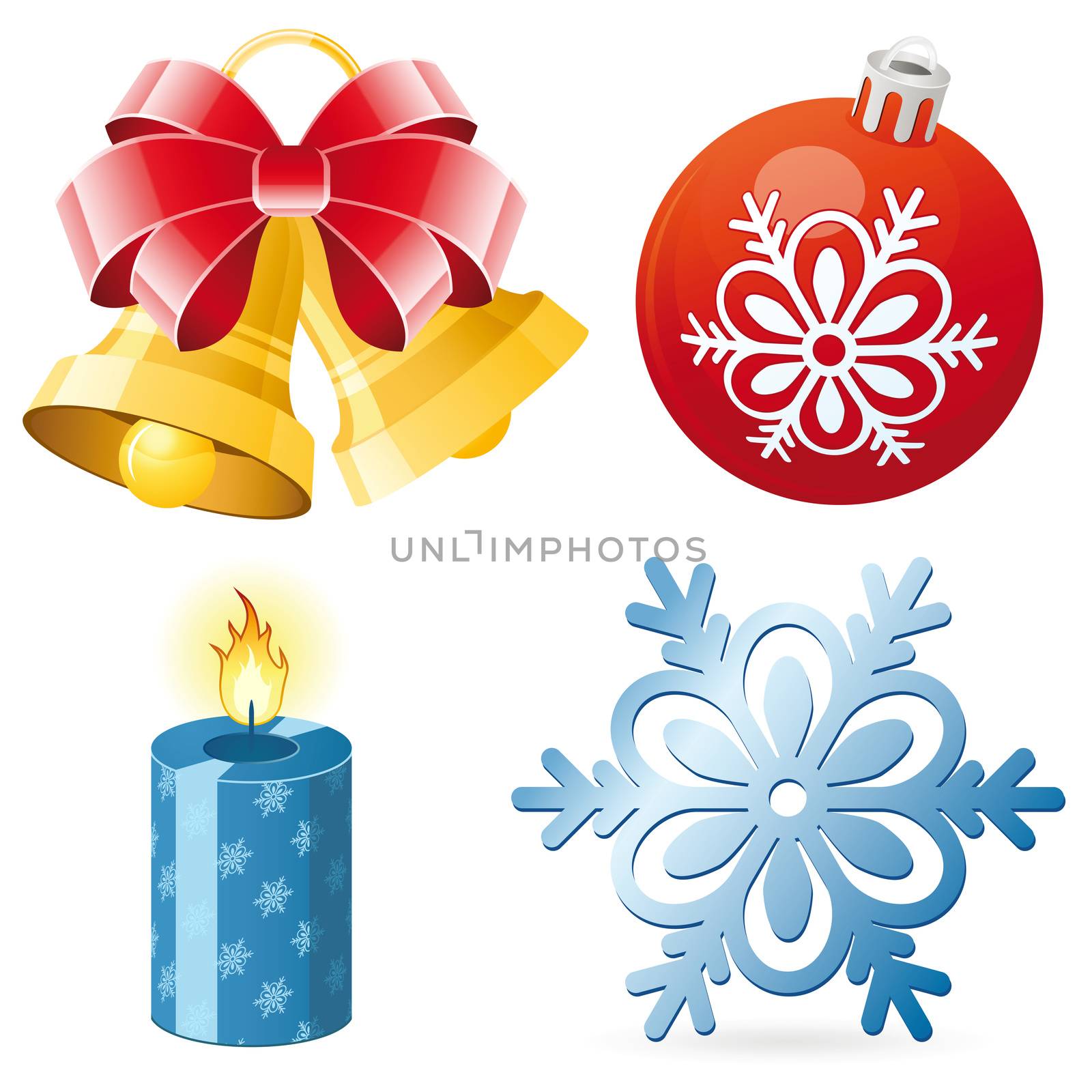 Christmas icon set of four element - bell candle snowflake ball