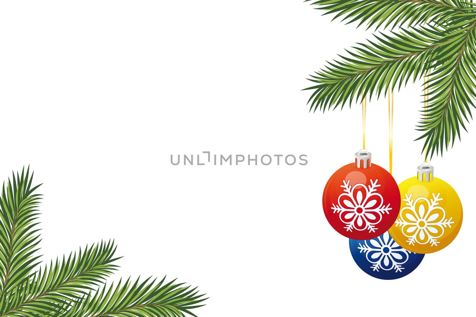 Christmas tree branch and toys isolated on white