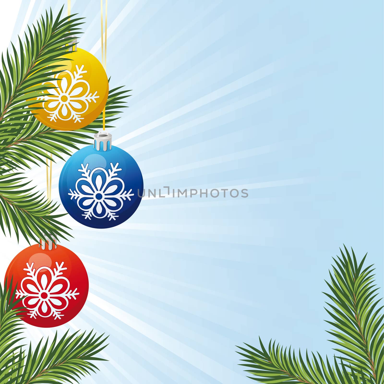 Background with Christmas tree branch toys and rays