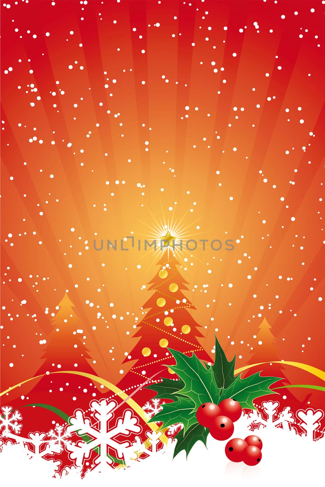 Christmas background with mistletoe and tree in red color