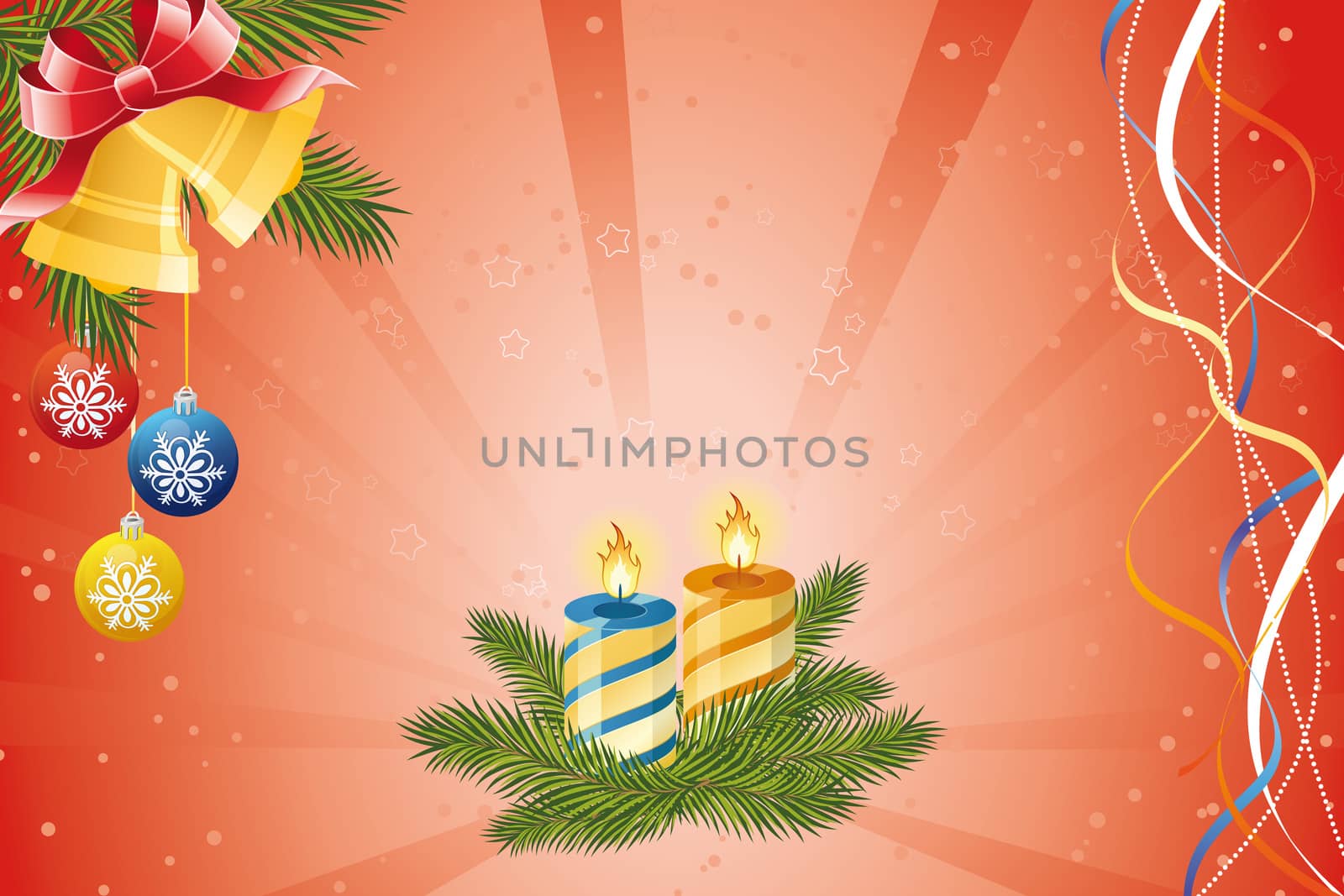 Christmas abstract background with bell and candles in rays