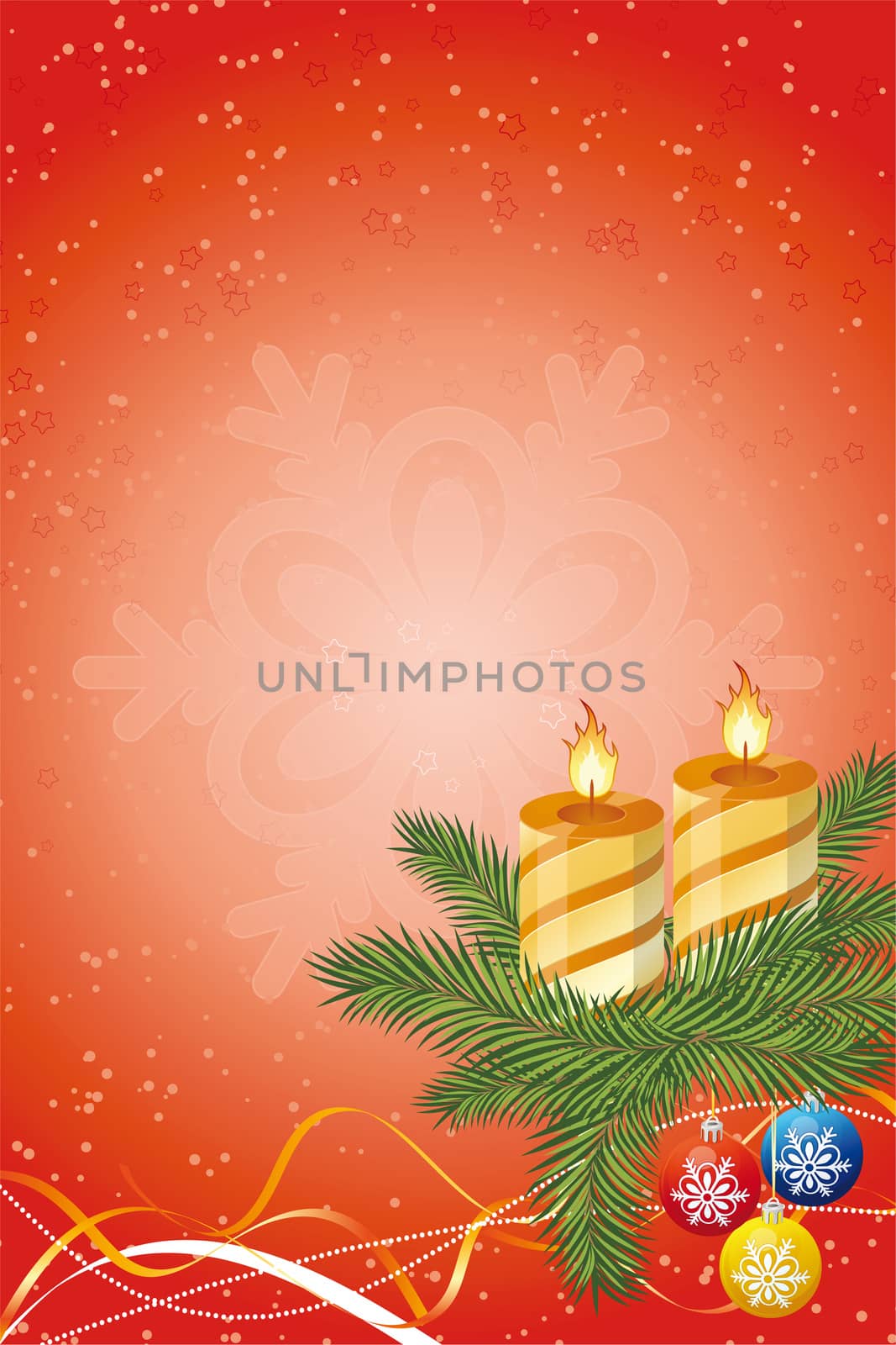Christmas abstract background with candle toys and branch of fir-tree