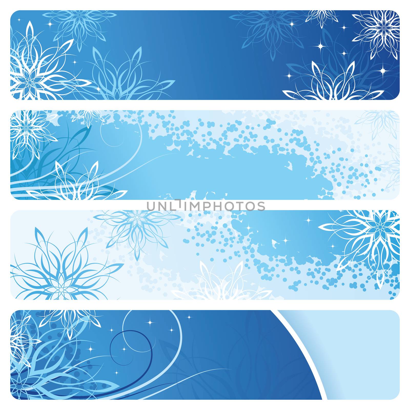 Blue winter banners with snowflakes and scrolls
