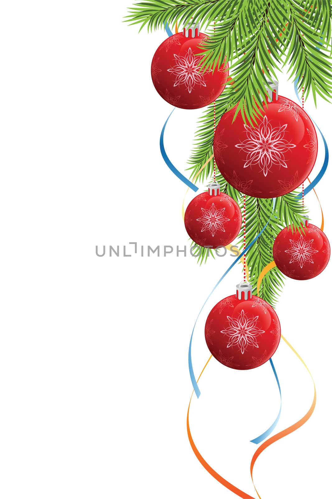 Abstract Christmas decoration with fir tree baubles and ribbons