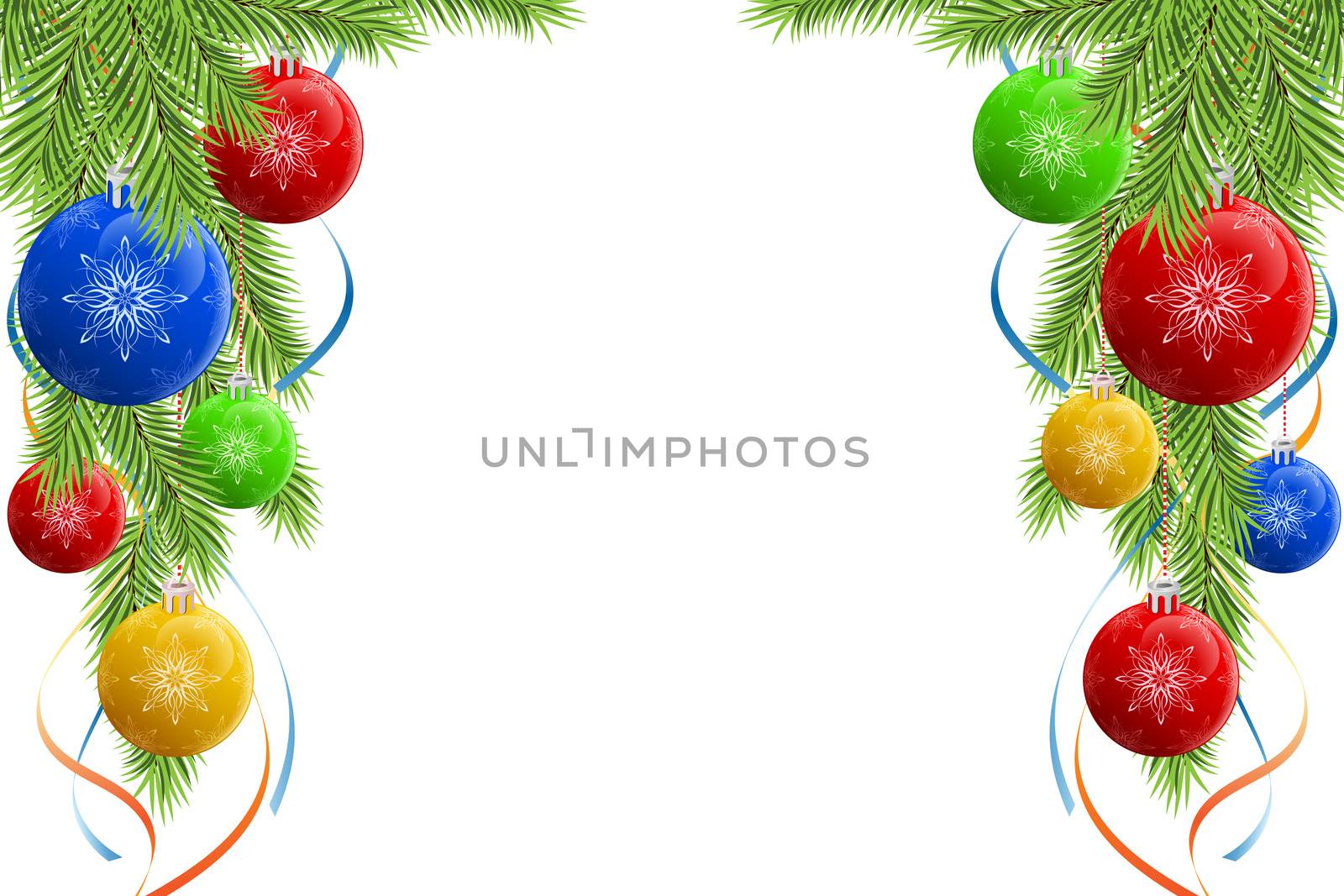 Abstract Christmas decoration frame with fir tree baubles and ribbons