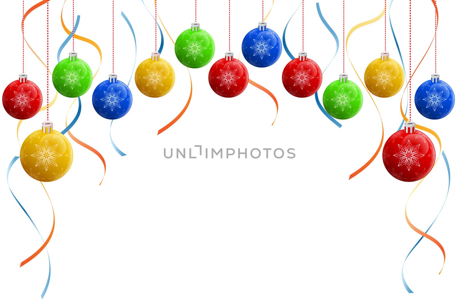 Christmas baubles with ribbons isolated on white