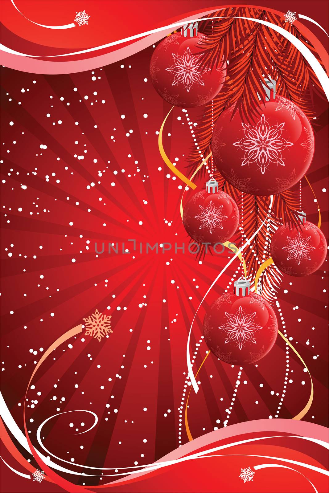 Abstract Red Christmas Background with waves and baubles